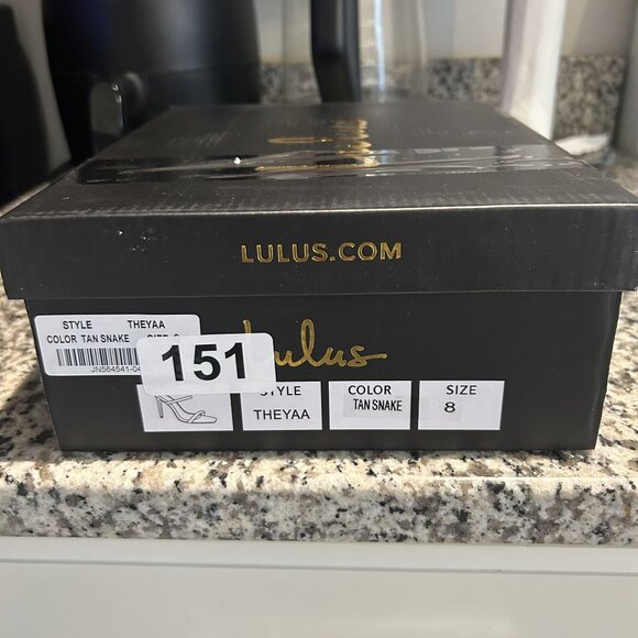 NEW Size 8 Lulus Theyaa Tan Faux Snake Embossed Square Toe High Heel Sandals - Picture 10 of 11
